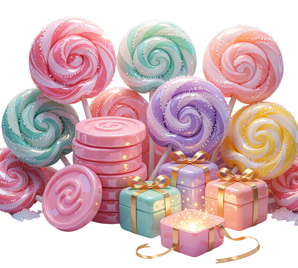 Stos r&oacute;żowych monet CandyCoins i trzy kolorowe skrzynki loot box ze złotymi wstążkami - Bonus Shop Iris Casino