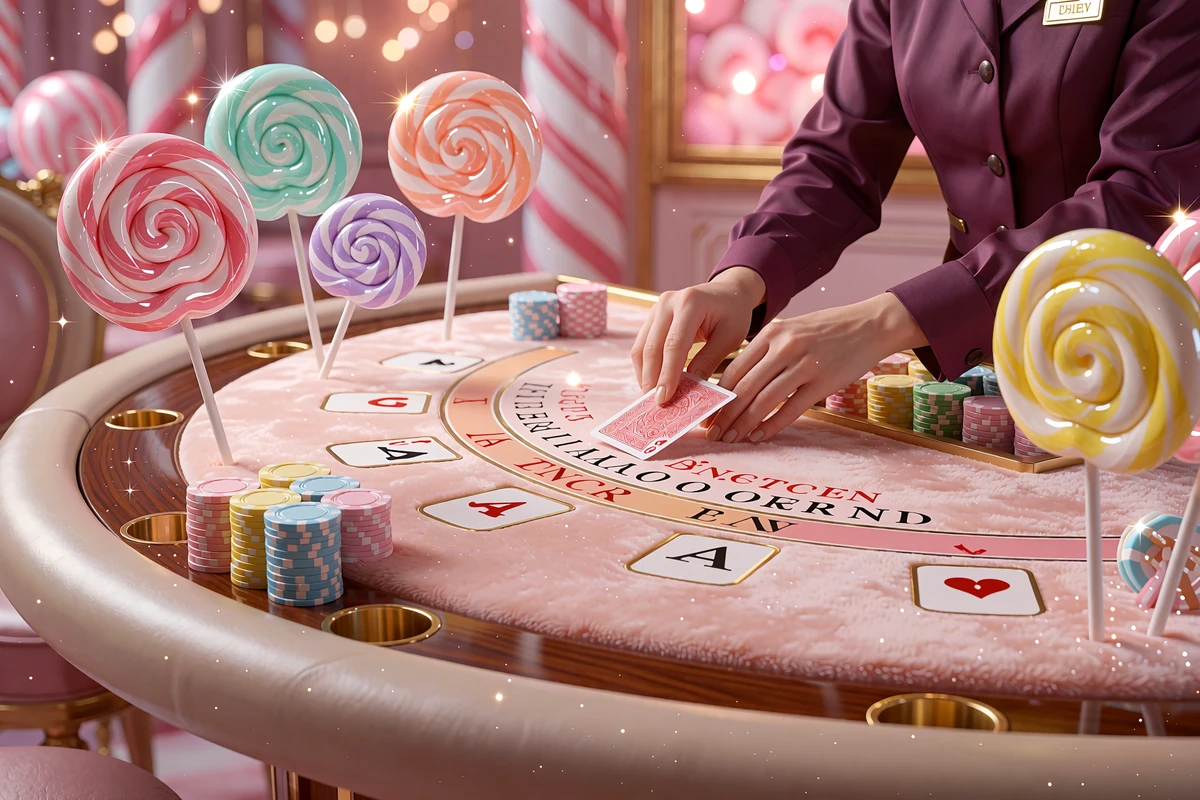 St&oacute;ł blackjacka z r&oacute;żowym suknem, żetonami i dłońmi krupiera w śliwkowym rękawie - kasyno live Iris Casino